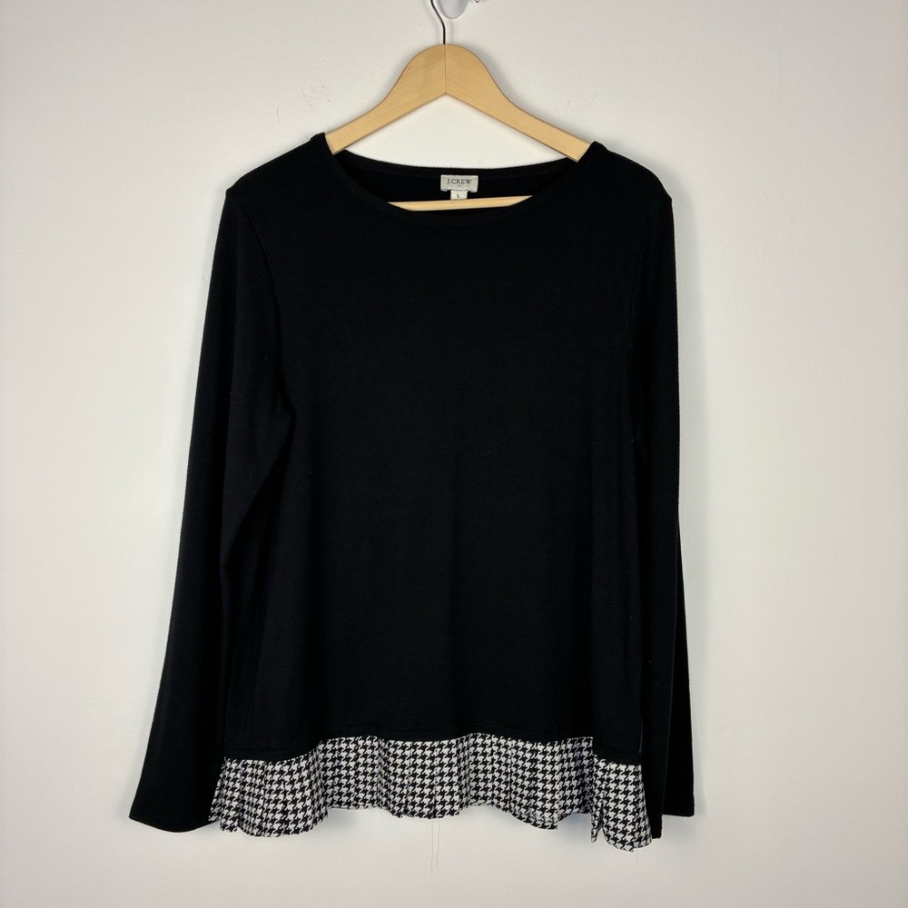 J crew black sweater with pleated houndstooth ruffle size L classic preppy